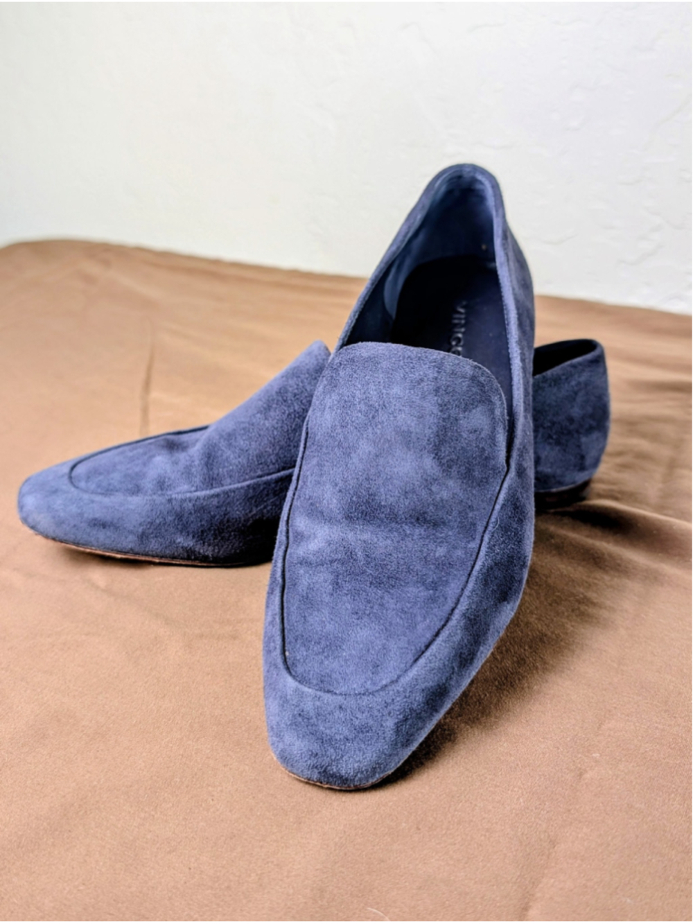 Vince Navy Blue Suede Smoking Loafers Womens 6.5 Minimalist Leather Sole Flats